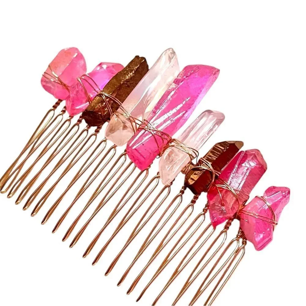 Handmade Genuine Pink White And Bronze Crystal Hair Comb